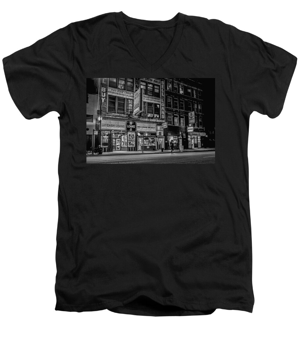 Pawn Shop Men's V-Neck T-Shirt featuring the photograph A seedy city scene at night by Sven Brogren