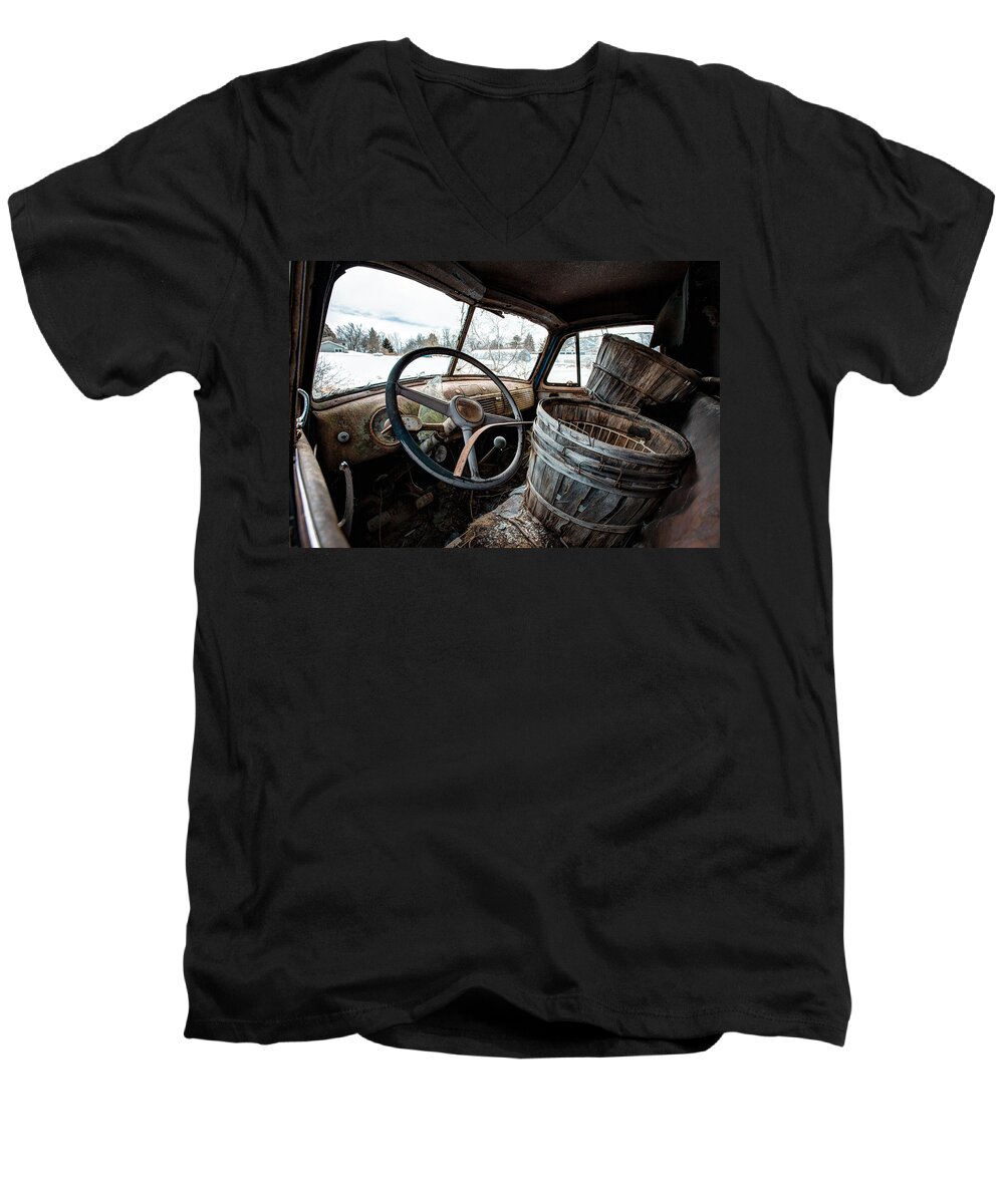 Chevrolet Men's V-Neck T-Shirt featuring the photograph Abandoned Chevrolet Truck - Inside Out by Gary Heller