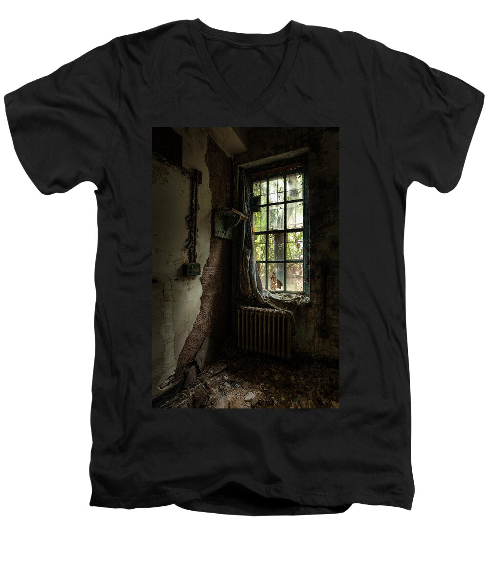 Windows Men's V-Neck T-Shirt featuring the photograph Abandoned - Old Room - Draped by Gary Heller