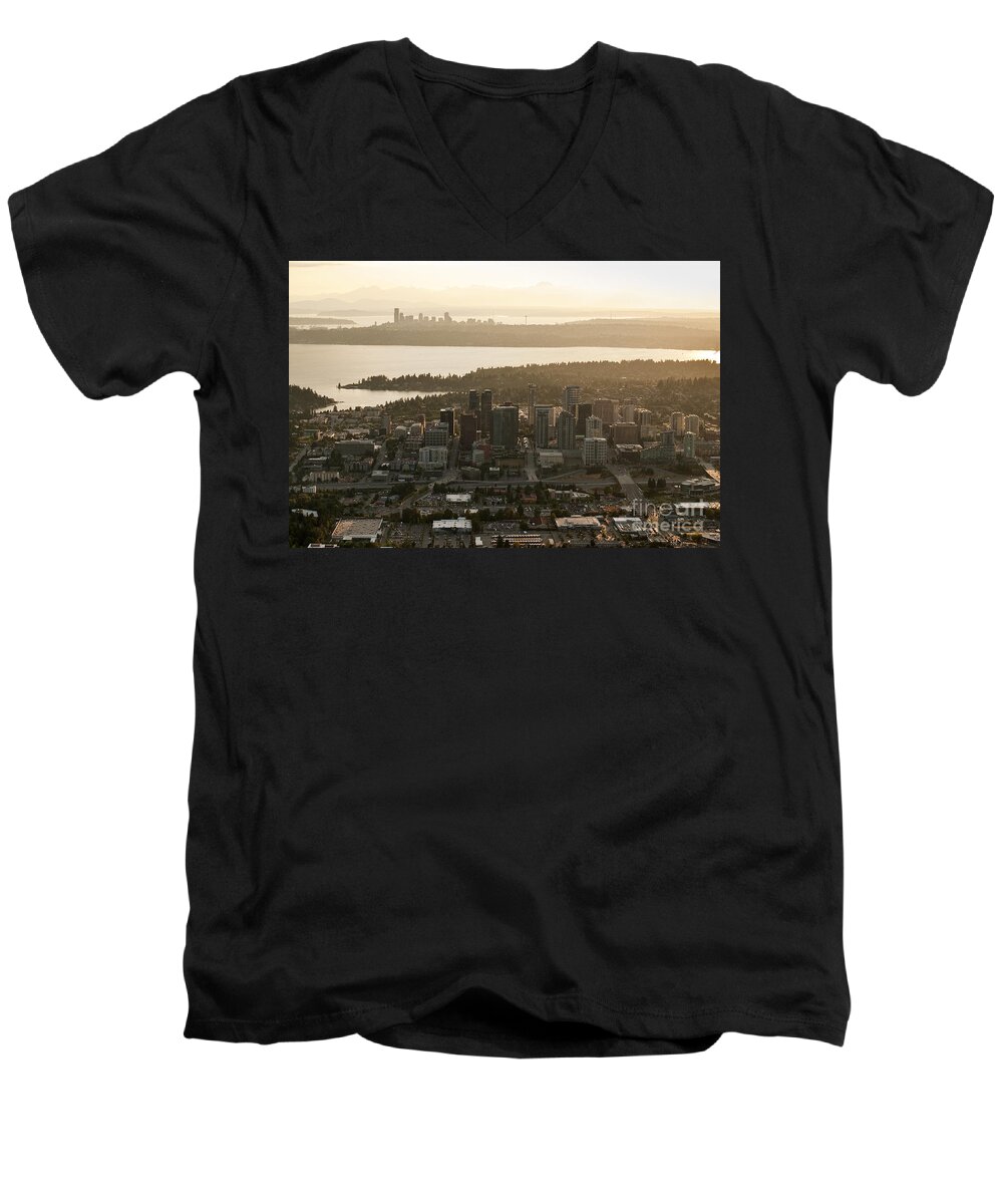 Bellevue Skyline Men's V-Neck T-Shirt featuring the photograph Aerial view of Bellevue skyline by Jim Corwin