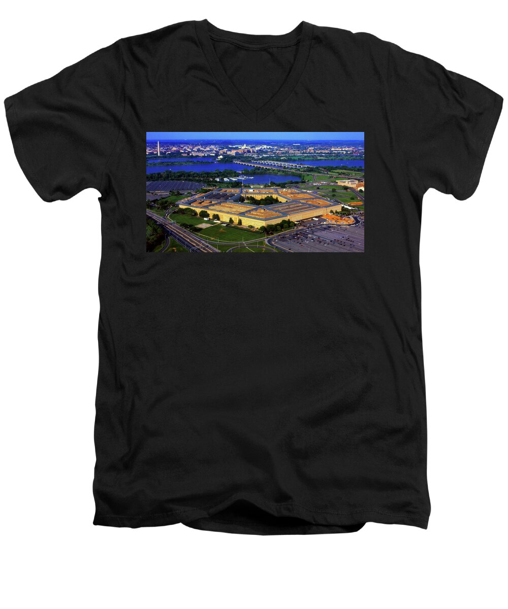 Photography Men's V-Neck T-Shirt featuring the photograph Aerial View Of The Pentagon At Dusk by Panoramic Images