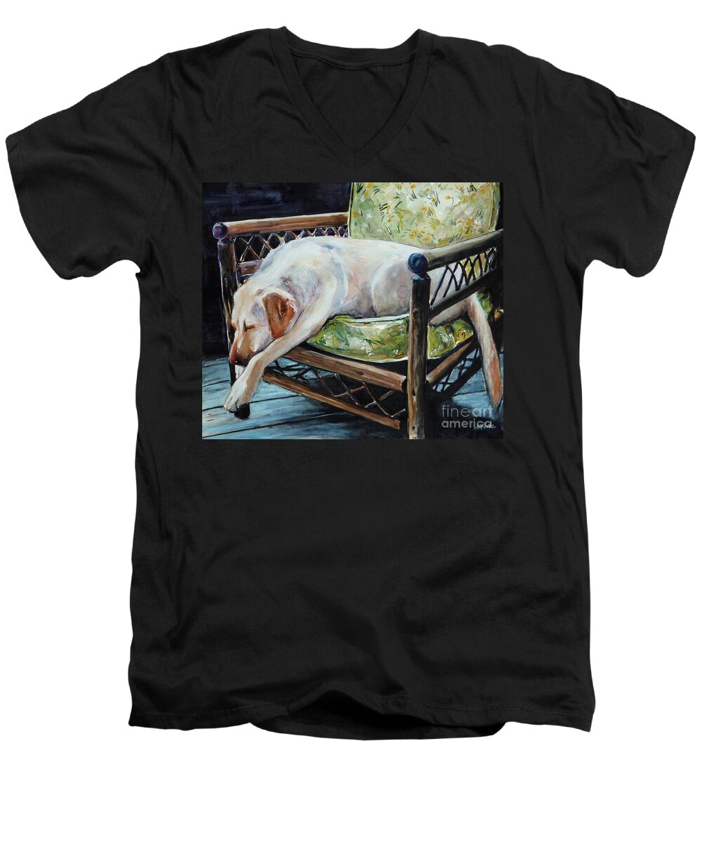 Yellow Labrador Retriever Men's V-Neck T-Shirt featuring the painting Afternoon Nap by Molly Poole