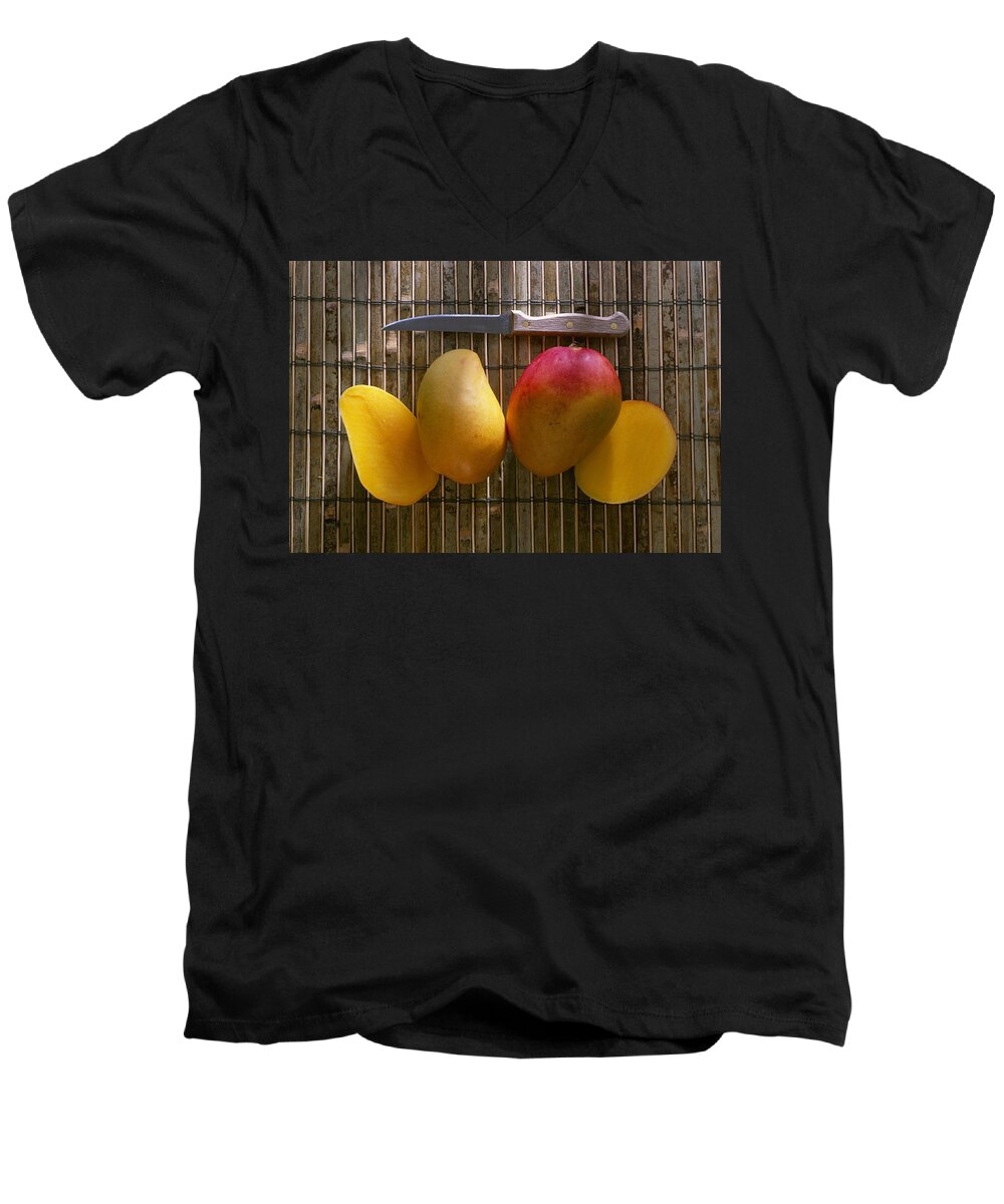 Tropic Men's V-Neck T-Shirt featuring the photograph Agriculture - Sliced Sunrise Mango by Daniel Hurst