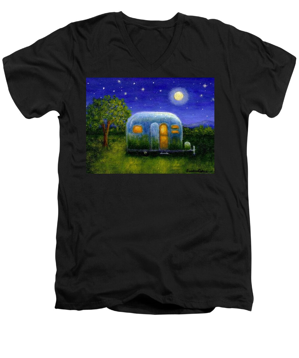 Air Stream Men's V-Neck T-Shirt featuring the painting Airstream Camper Under The Stars by Sandra Estes