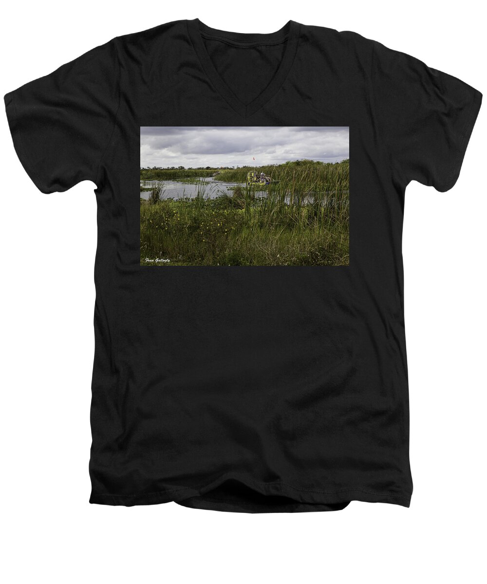 Airboat Men's V-Neck T-Shirt featuring the photograph Airboat Round the Bend by Fran Gallogly