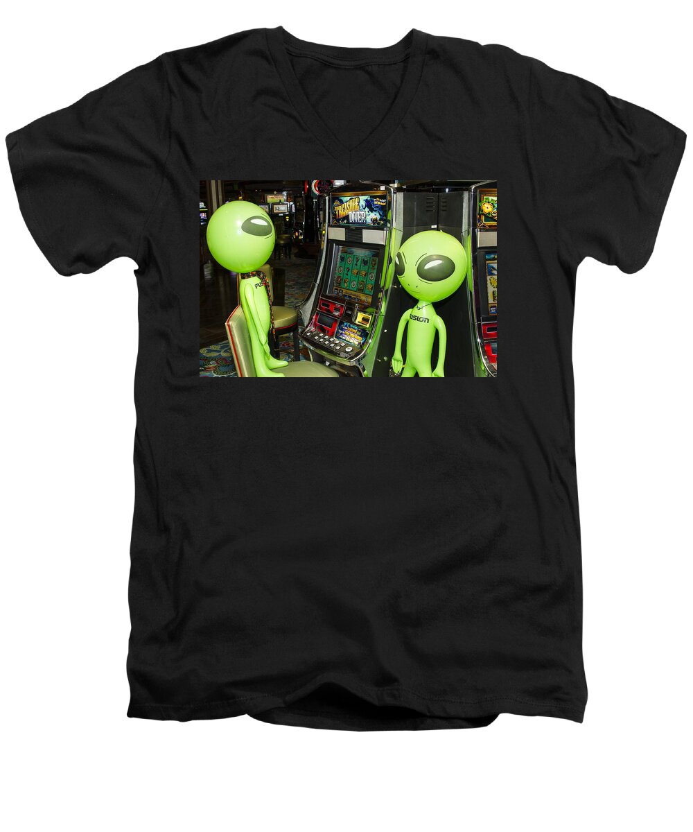 Alien Men's V-Neck T-Shirt featuring the photograph Alien Slot Play by Richard Henne