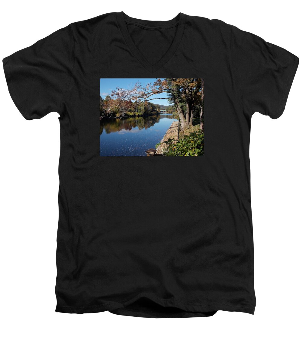Along Men's V-Neck T-Shirt featuring the photograph Along the River in Shelbourne Falls by Nina Kindred
