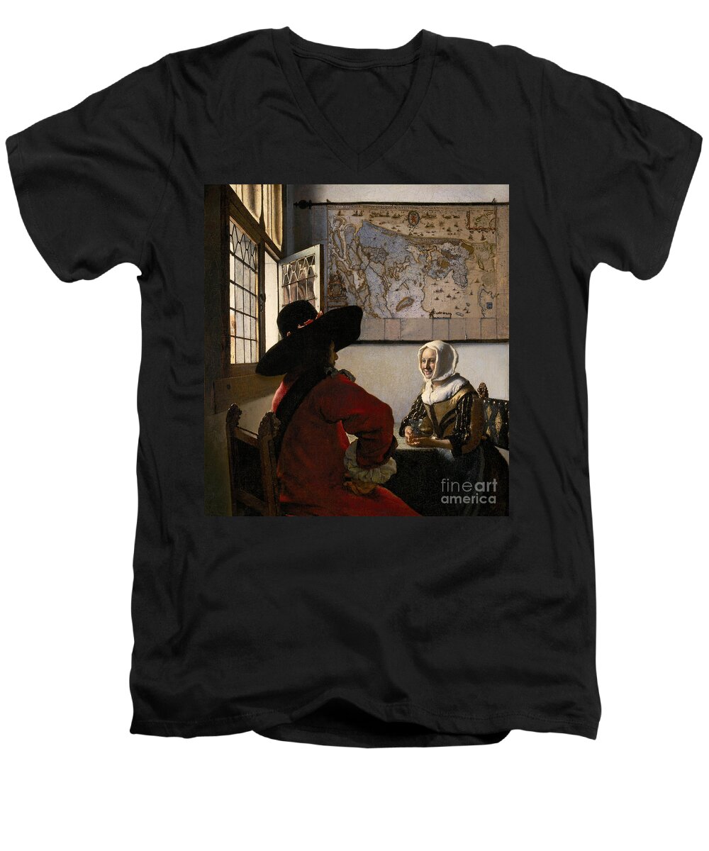 Amorous; Couple; Male; Female; Love; Lover; Lovers; Admirer; Coy; Shy; Reserved; Courting; Flirtation; Flirting; Laughing; Girl; Smile; Smiling; Gallant; Seated; Interior; Open; Window; Traditional; Dress; Costume; Headdress; Hat; Dutch; Domestic Men's V-Neck T-Shirt featuring the painting Amorous Couple by Vermeer by Jan Vermeer