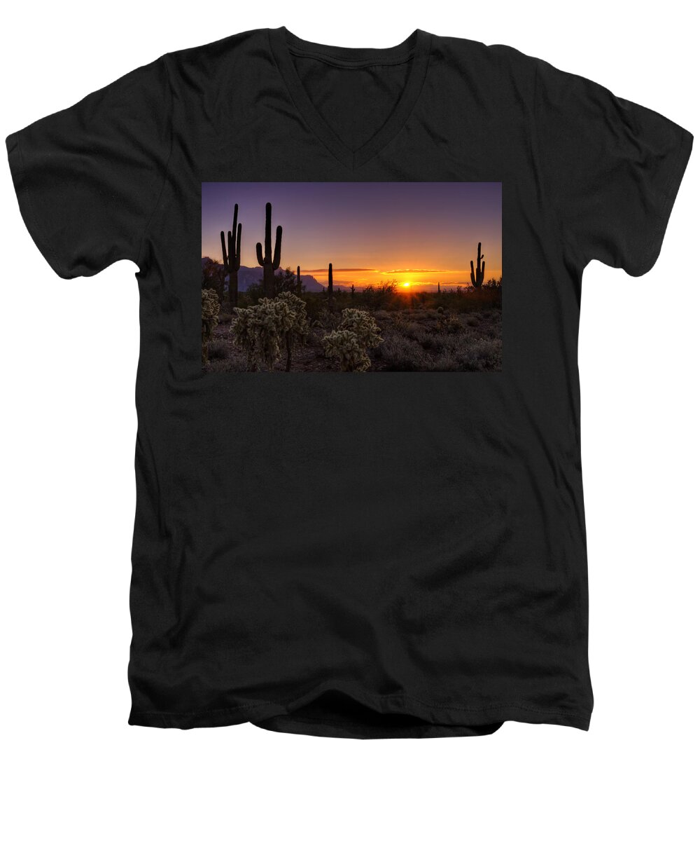 Sunrise Men's V-Neck T-Shirt featuring the photograph An Arizona Winter Sunrise by Saija Lehtonen