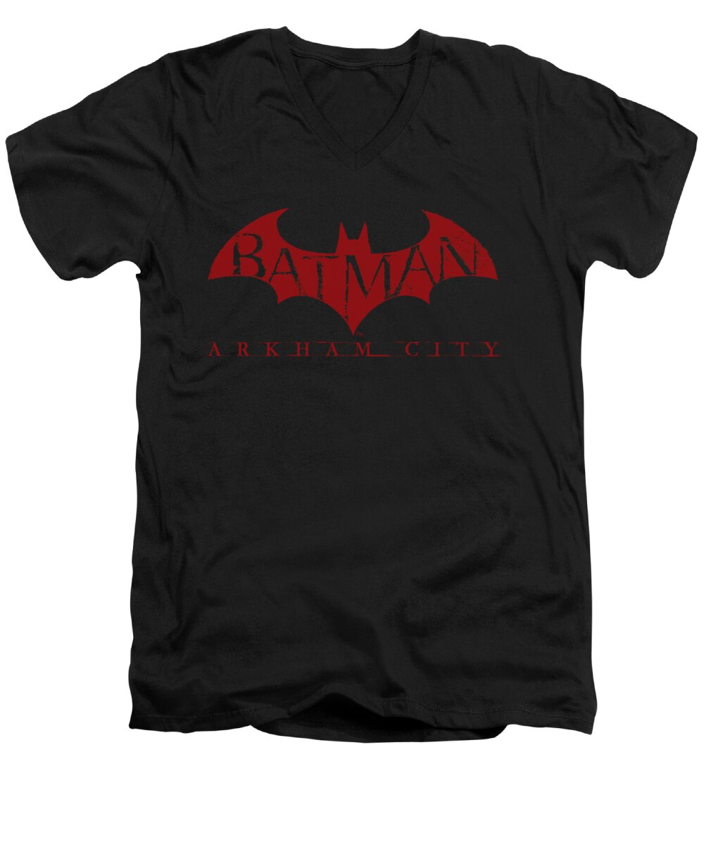 Arkham City Men's V-Neck T-Shirt featuring the digital art Arkham City - Red Bat by Brand A