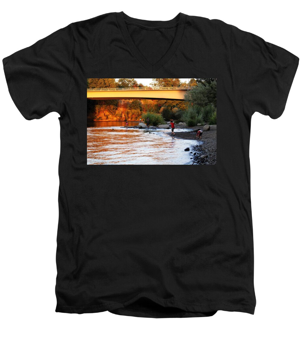 Sunset Men's V-Neck T-Shirt featuring the photograph At Rivers Edge by Melanie Lankford Photography
