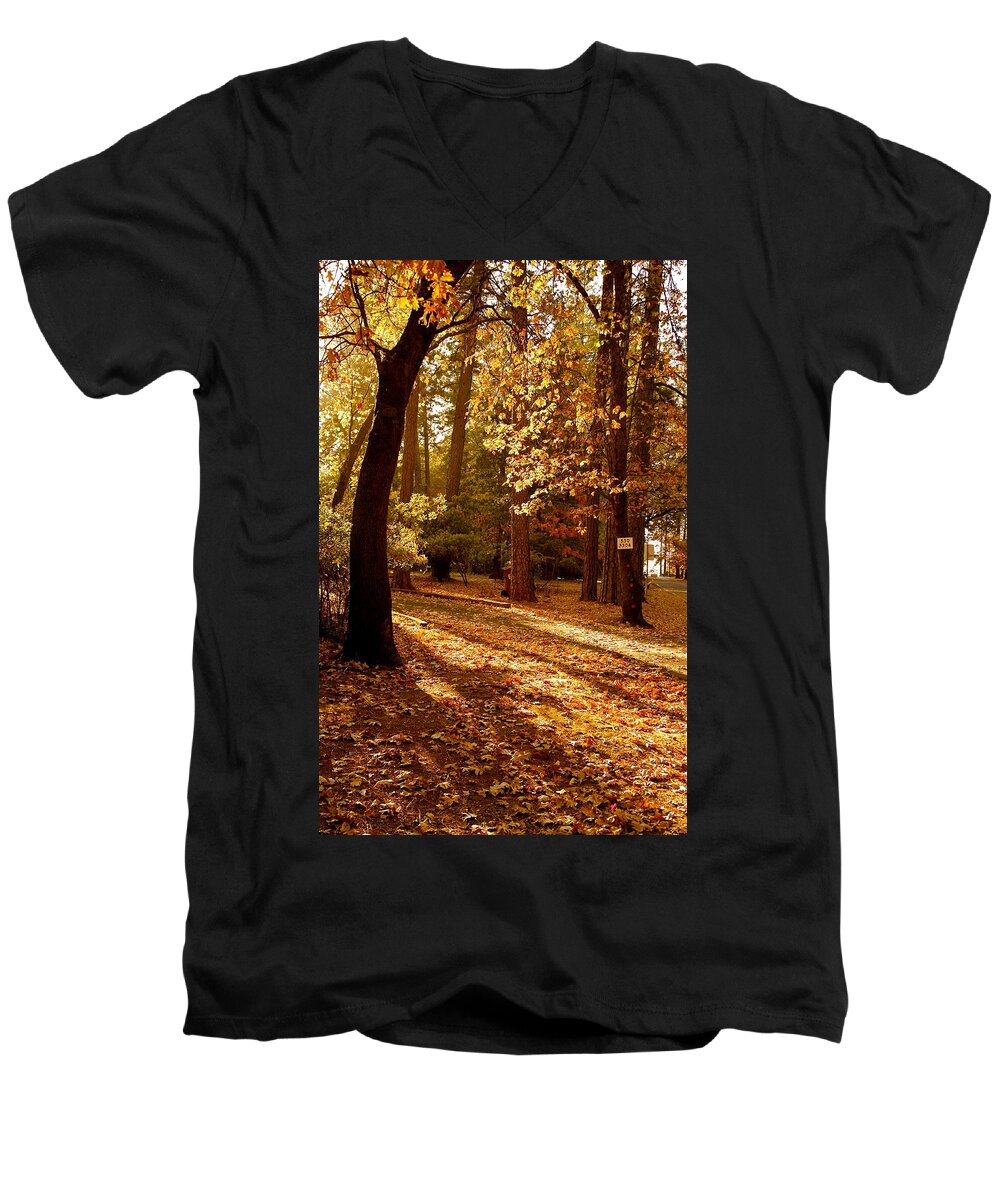 Evening Scenery Men's V-Neck T-Shirt featuring the photograph Autumn Country Lane Evening by Michele Myers
