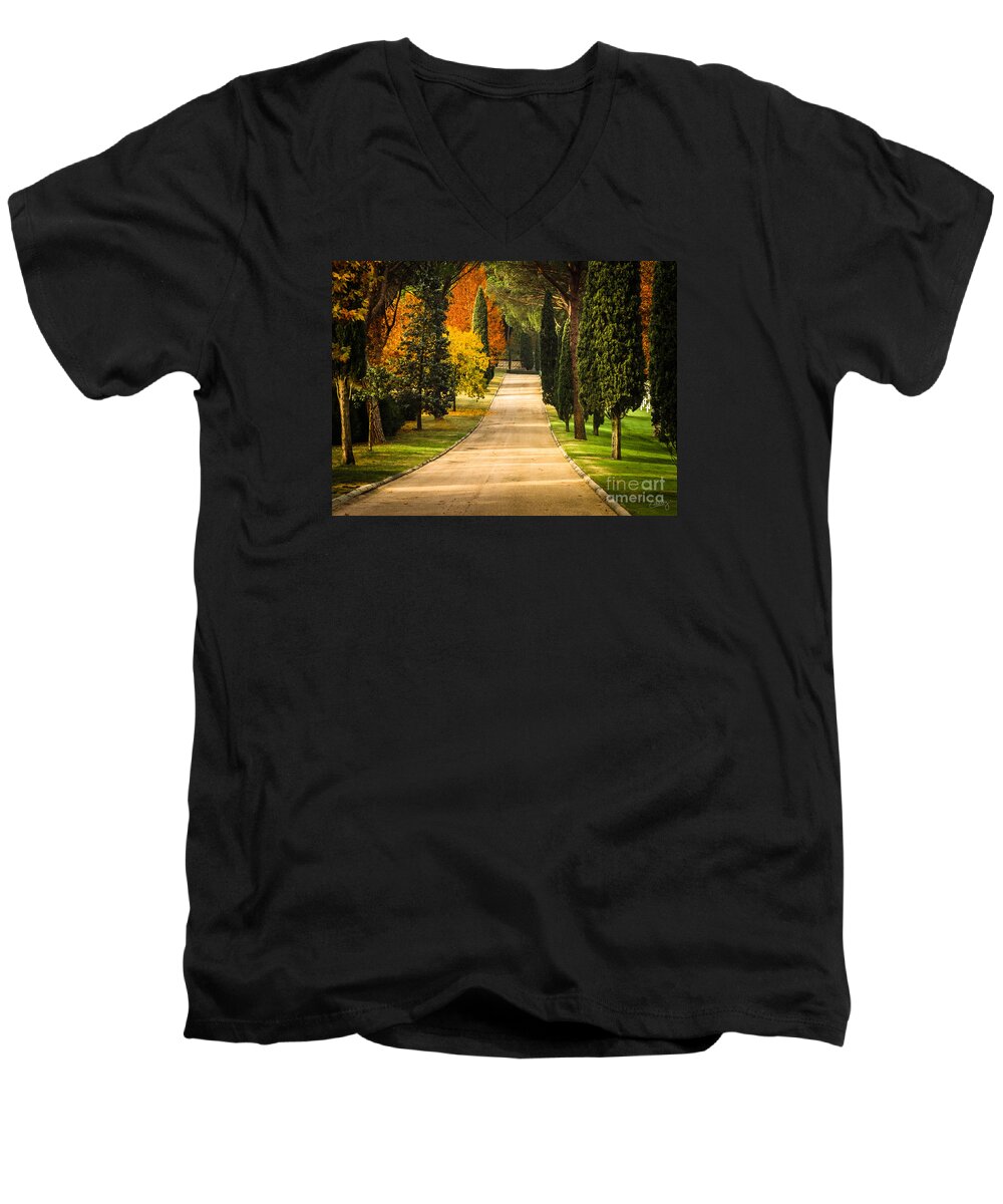 Autumn Drive Men's V-Neck T-Shirt featuring the photograph Autumn Drive by Prints of Italy