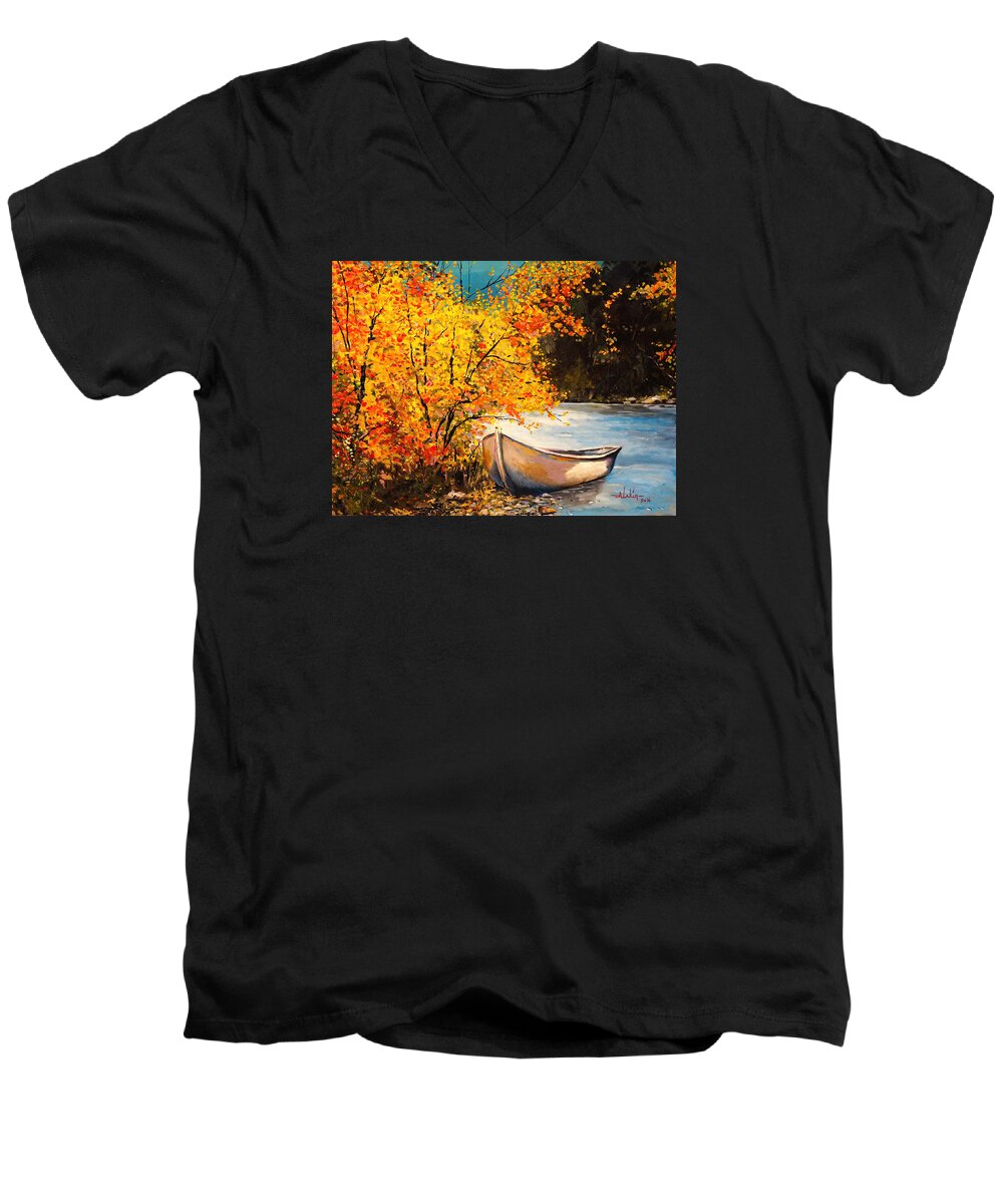 Landscape Men's V-Neck T-Shirt featuring the painting Autumn Gold by Alan Lakin