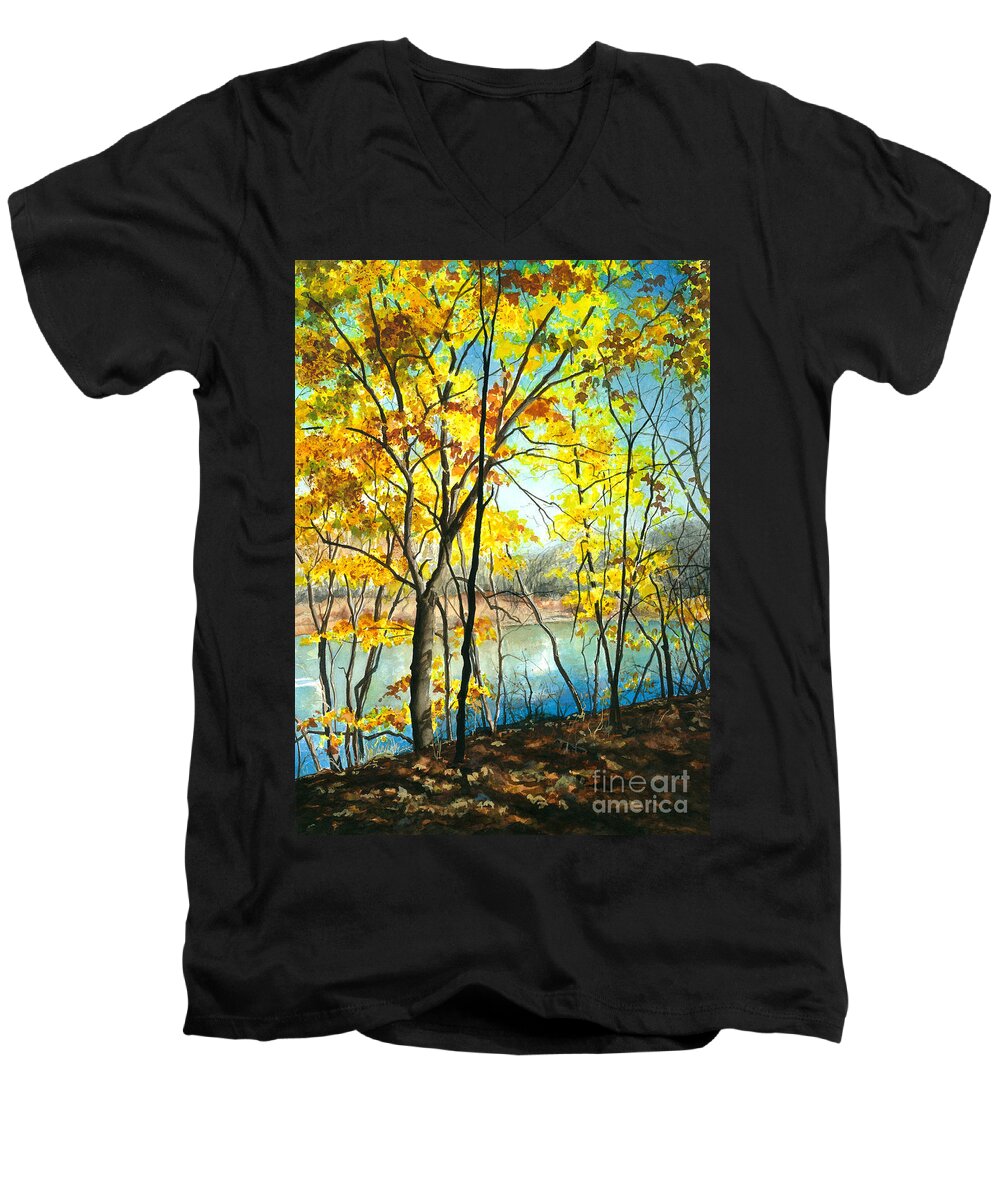 Water Color Trees Men's V-Neck T-Shirt featuring the painting Autumn River Walk by Barbara Jewell