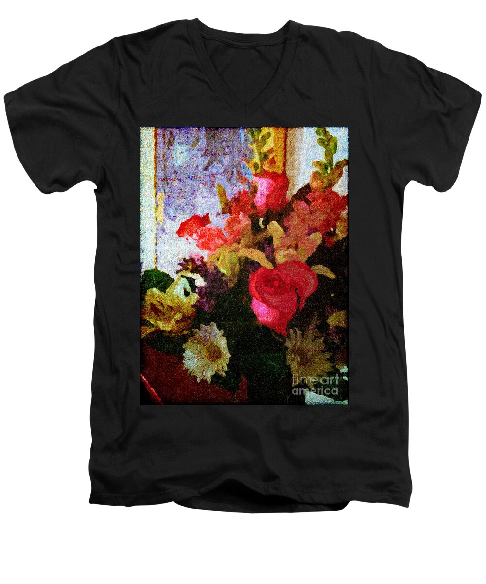 Flower Men's V-Neck T-Shirt featuring the digital art Avec Tout Mon Coeur by Lianne Schneider