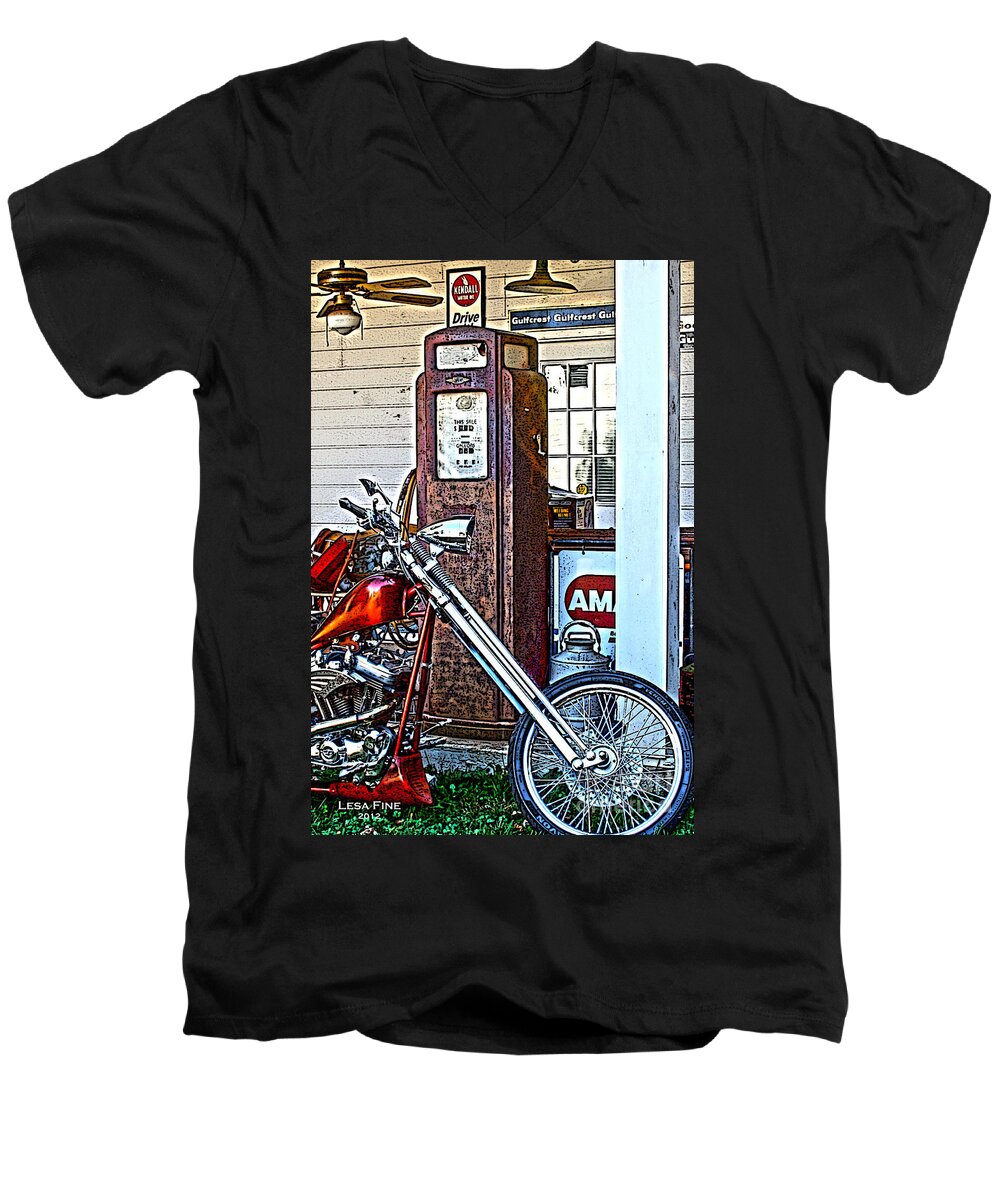 Chopper; Vehicle Men's V-Neck T-Shirt featuring the photograph Aztec and the Gas Pump by Lesa Fine