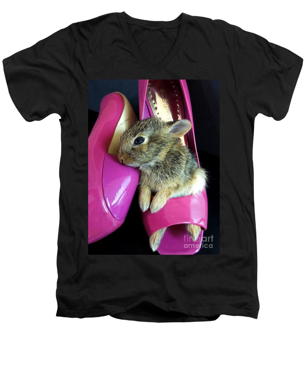 Rabbit Men's V-Neck T-Shirt featuring the photograph Baby Bunny in Stilettos by Renee Trenholm