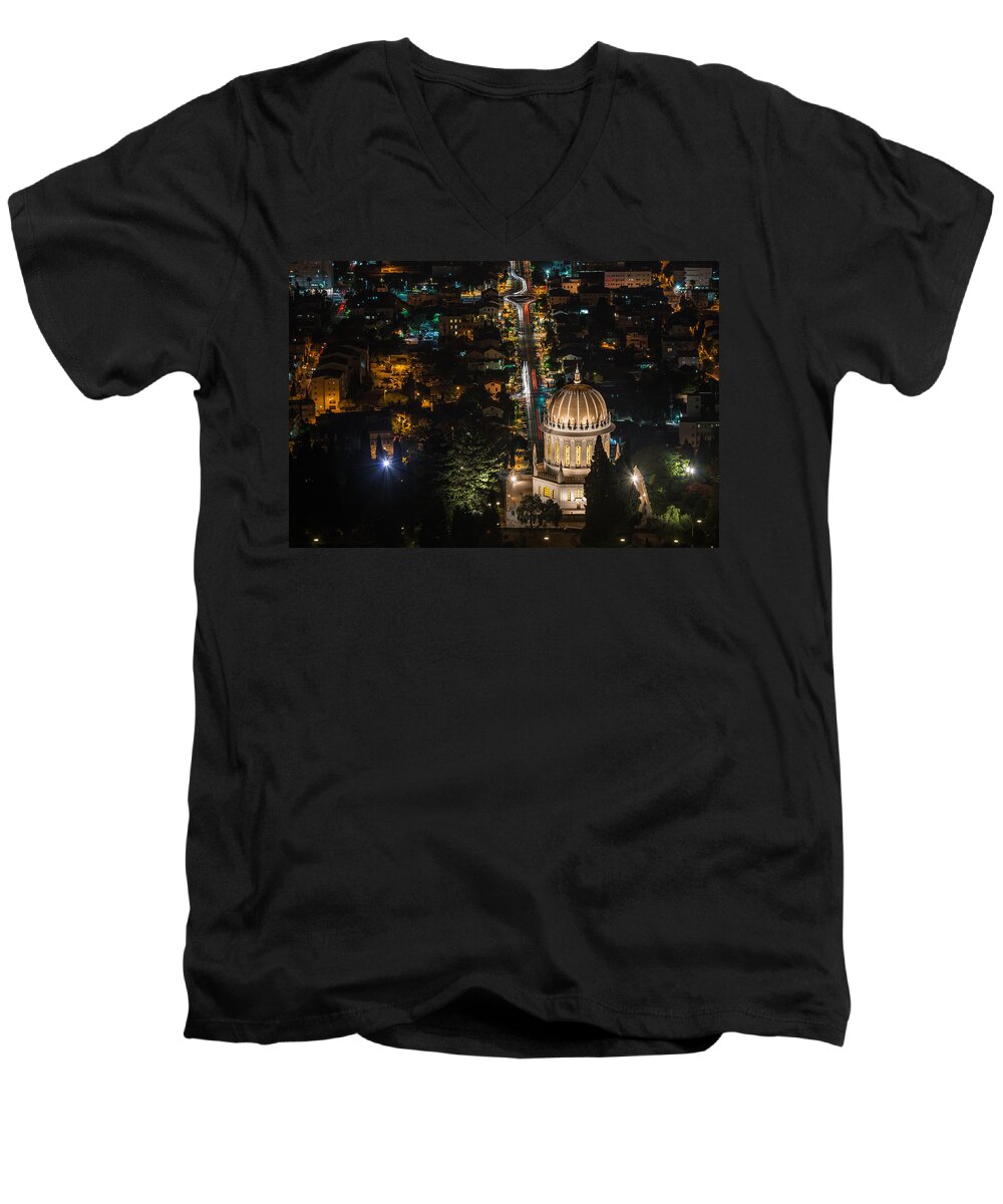Carmel Men's V-Neck T-Shirt featuring the photograph Baha'i temple at night by Michael Goyberg