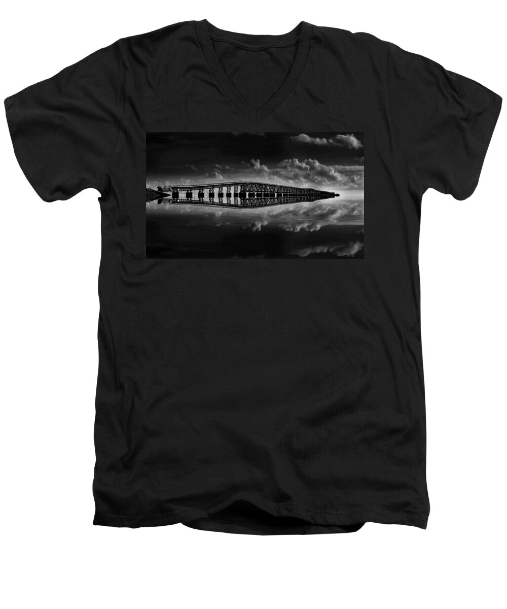 Surrealism Men's V-Neck T-Shirt featuring the photograph Bahia Honda Bridge Reflection by Kevin Cable