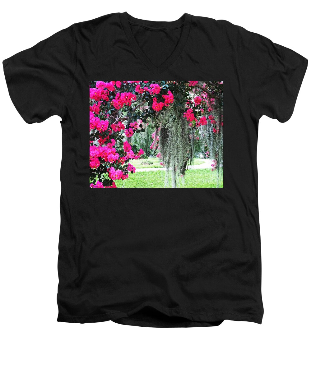 Flowers Men's V-Neck T-Shirt featuring the photograph Baton Rouge Louisiana Crepe Myrtle and Moss at Capitol Park by Lizi Beard-Ward