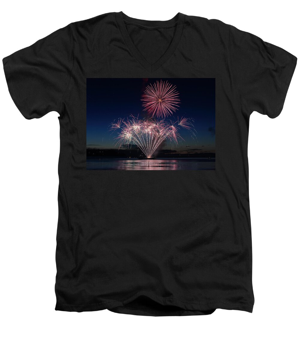 Water Men's V-Neck T-Shirt featuring the photograph Beachfest Fireworks 2013 by Randy Hall