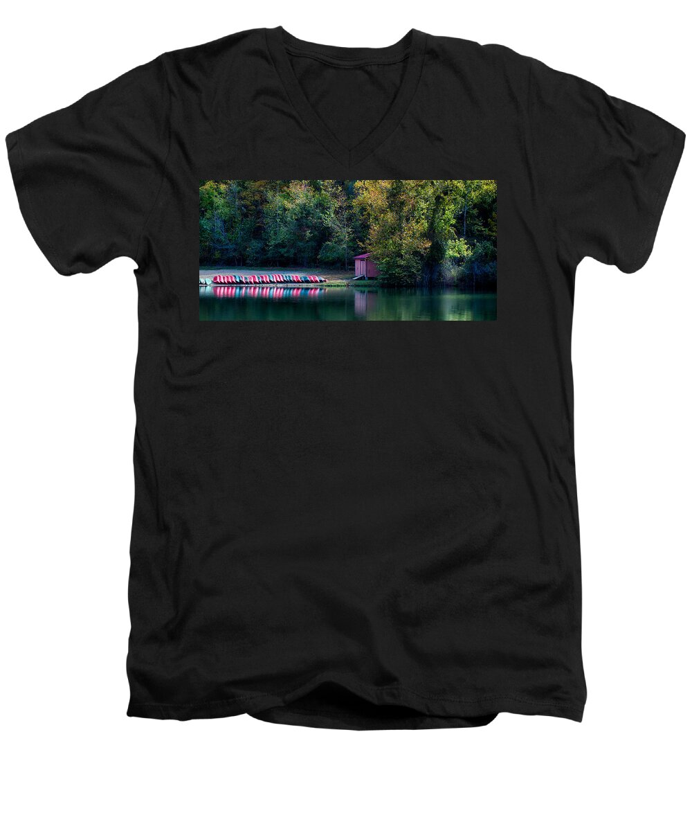 Beavers Bend Men's V-Neck T-Shirt featuring the photograph Beavers Bend Reflection by Robert Bellomy