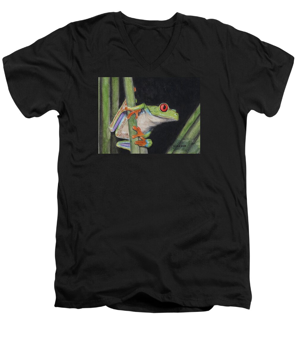Frog Men's V-Neck T-Shirt featuring the painting Being Green by Jill Ciccone Pike