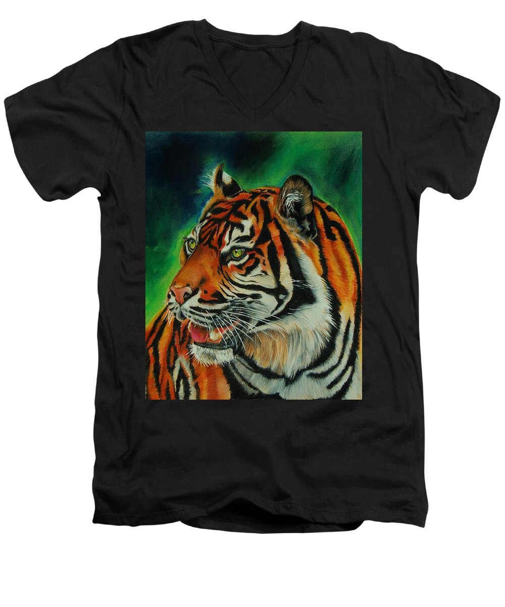 Bengal Tiger Men's V-Neck T-Shirt featuring the pastel Bengal by Jean Cormier