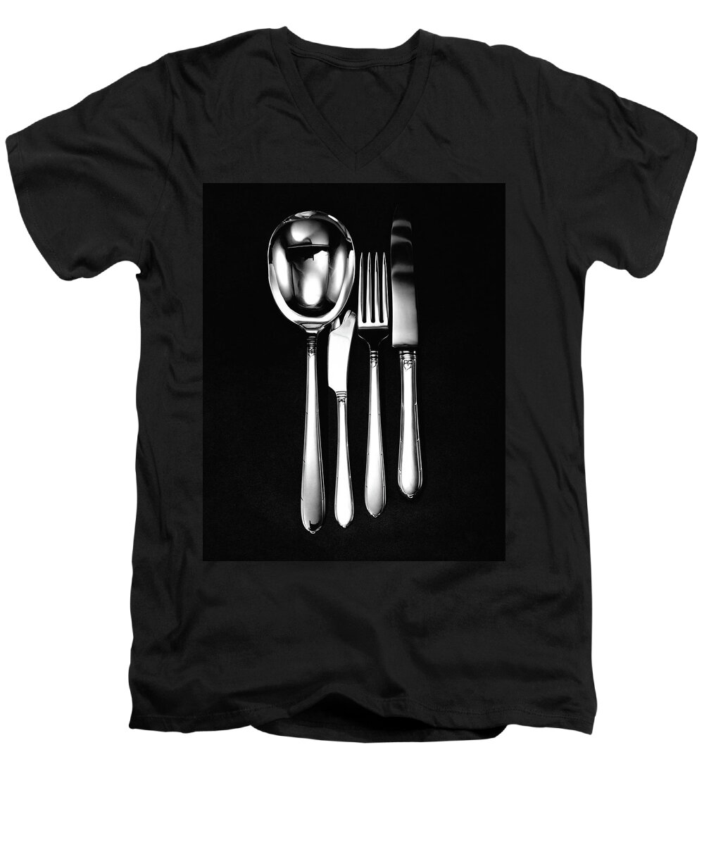 Home Accessories Men's V-Neck T-Shirt featuring the photograph Berkeley Square Silverware by Martin Bruehl