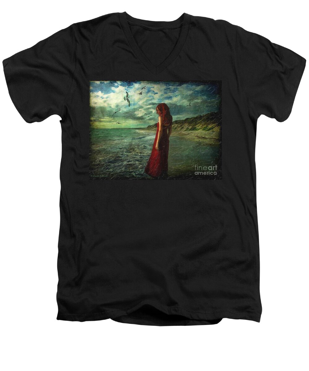 Woman Men's V-Neck T-Shirt featuring the digital art Between Sea and Shore by Lianne Schneider