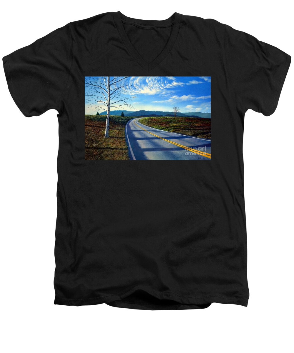 Birch Men's V-Neck T-Shirt featuring the painting Birch tree along the road by Christopher Shellhammer