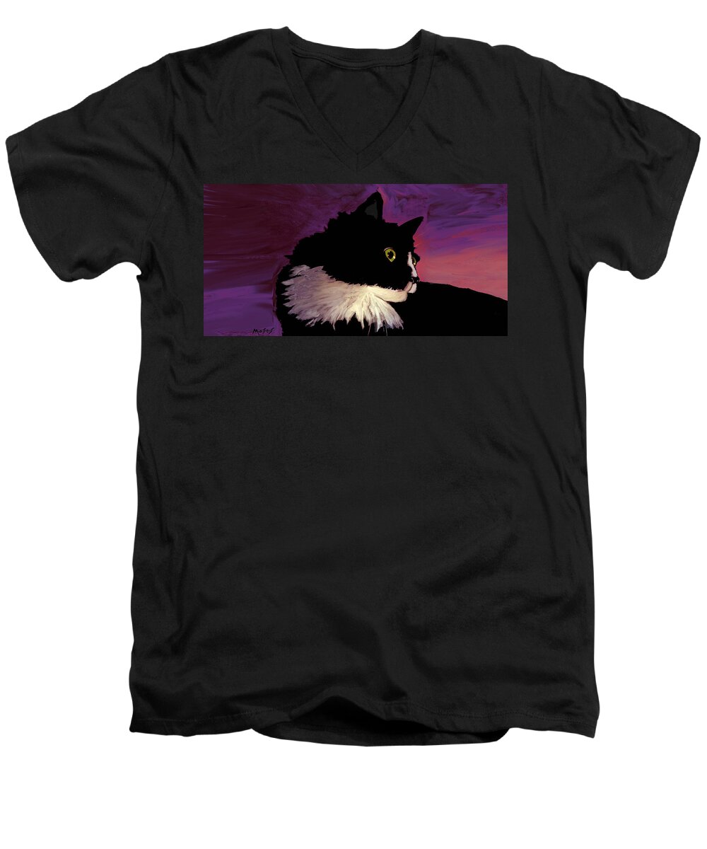 Cat Men's V-Neck T-Shirt featuring the painting Black Cat on Purple HORIZONTAL by Dale Moses