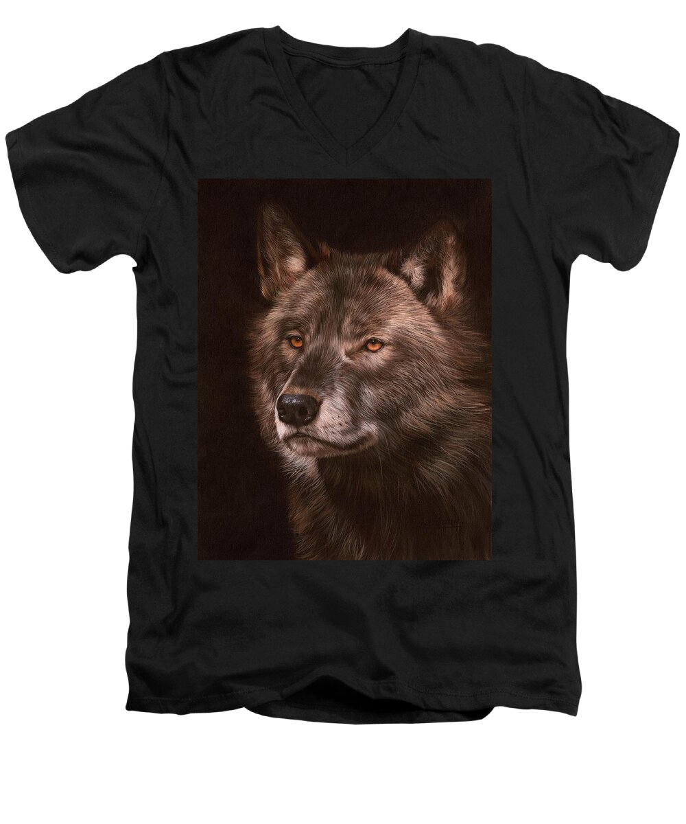 Wolf Men's V-Neck T-Shirt featuring the painting Black Wolf by David Stribbling