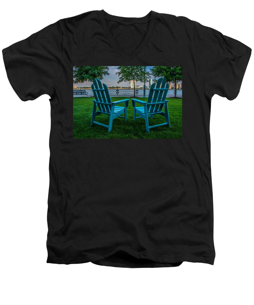 Detroit Men's V-Neck T-Shirt featuring the photograph Blue Chairs by Pravin Sitaraman