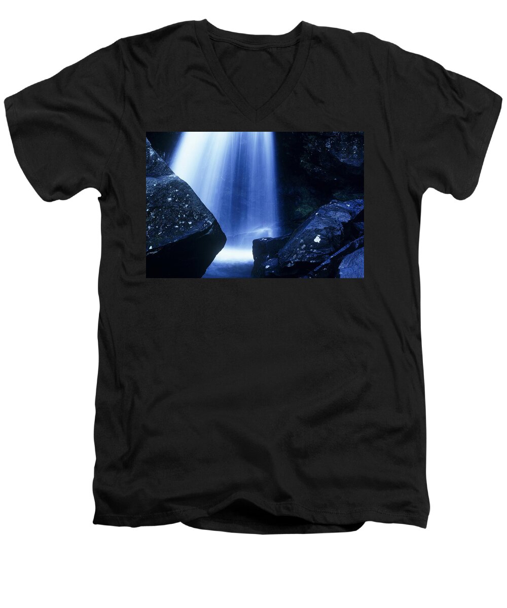 Waterfalls Men's V-Neck T-Shirt featuring the photograph Blue Falls by Rodney Lee Williams