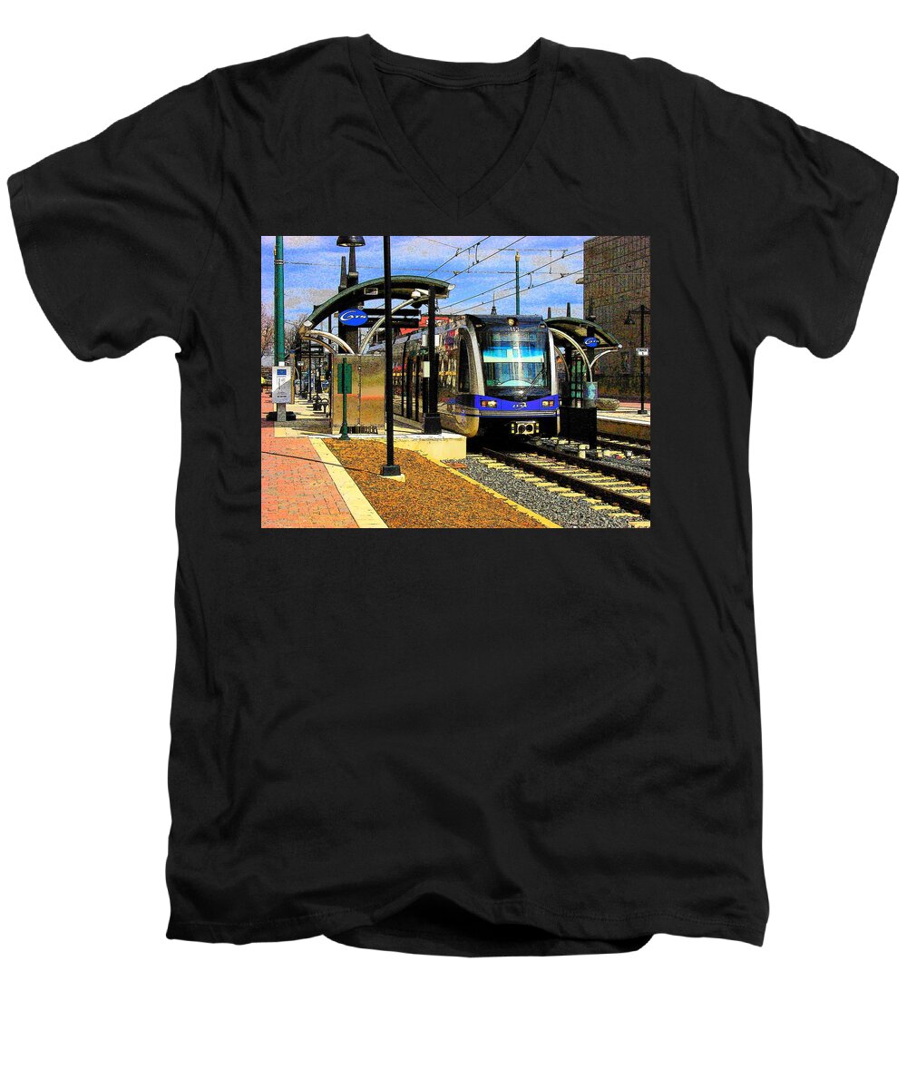 Light Rail Men's V-Neck T-Shirt featuring the photograph Blue Line by Rodney Lee Williams
