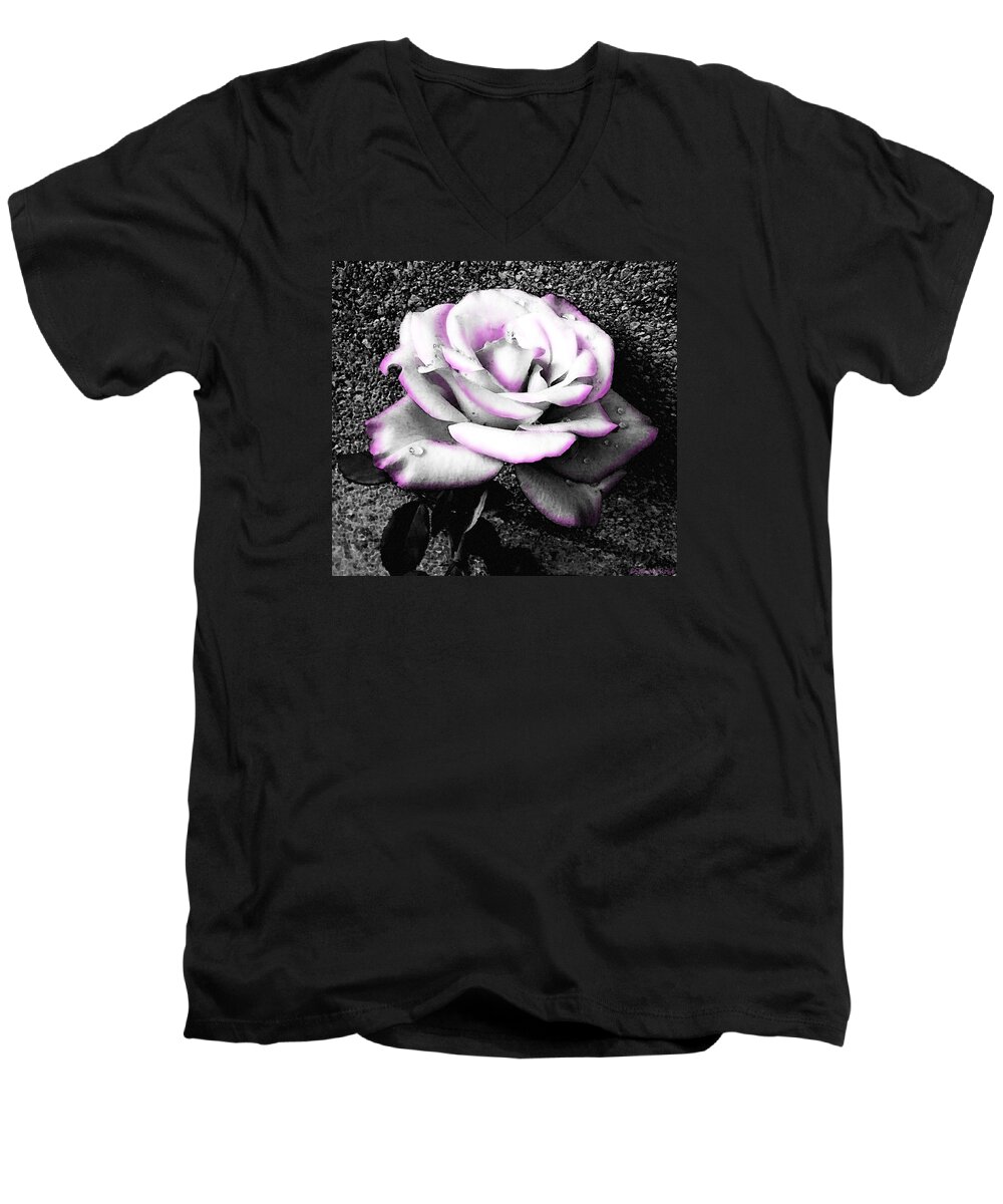 Black And White Rose Men's V-Neck T-Shirt featuring the photograph Blushing White Rose by Shawna Rowe