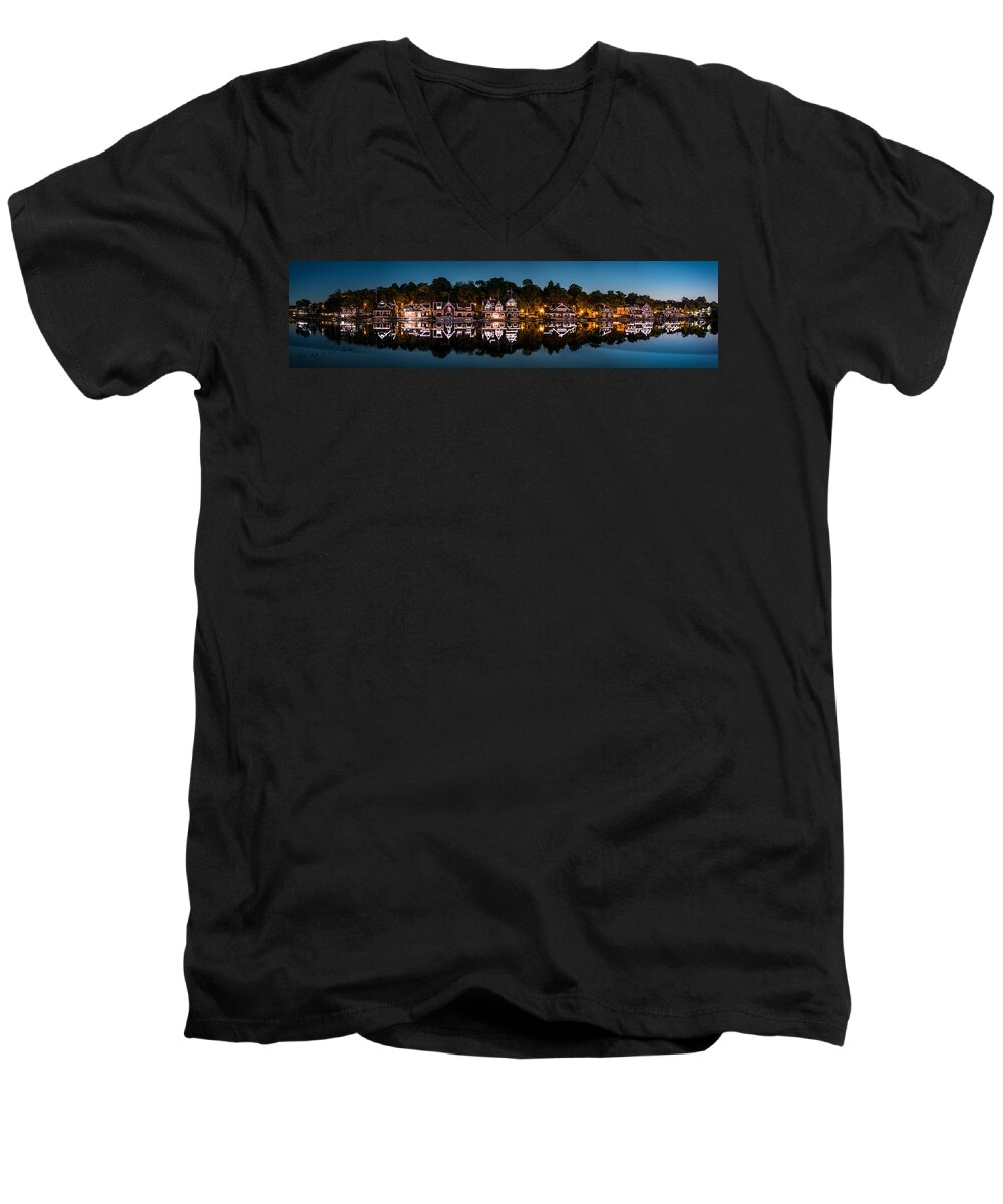 Pa Men's V-Neck T-Shirt featuring the photograph Boathouse Row Panorama by Mihai Andritoiu
