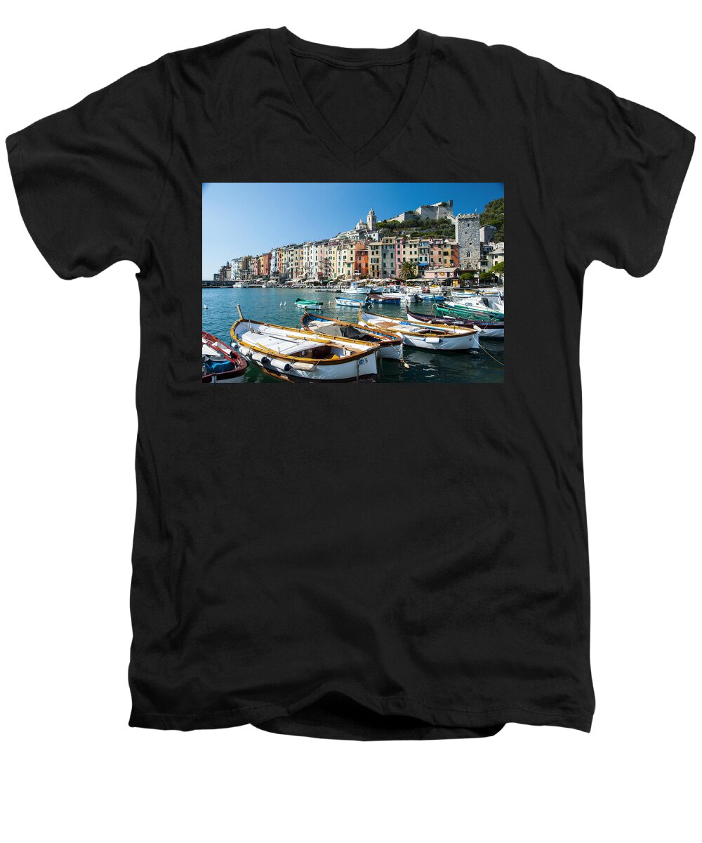 Europe Men's V-Neck T-Shirt featuring the photograph Boats in the Portovenere Harbor 3 by Matt Swinden