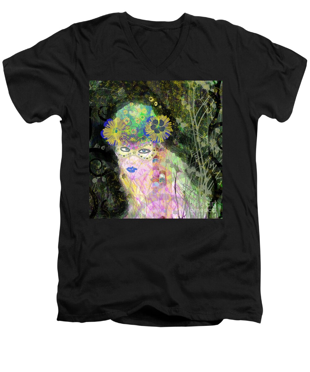 Fairy Men's V-Neck T-Shirt featuring the mixed media Bonnie Blue by Kim Prowse