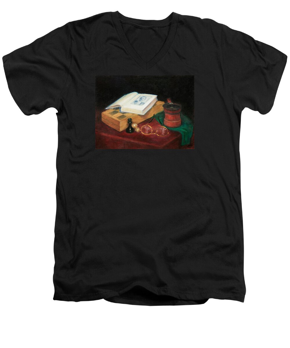 Book Men's V-Neck T-Shirt featuring the painting Books-Chess-Coffee by Masha Batkova