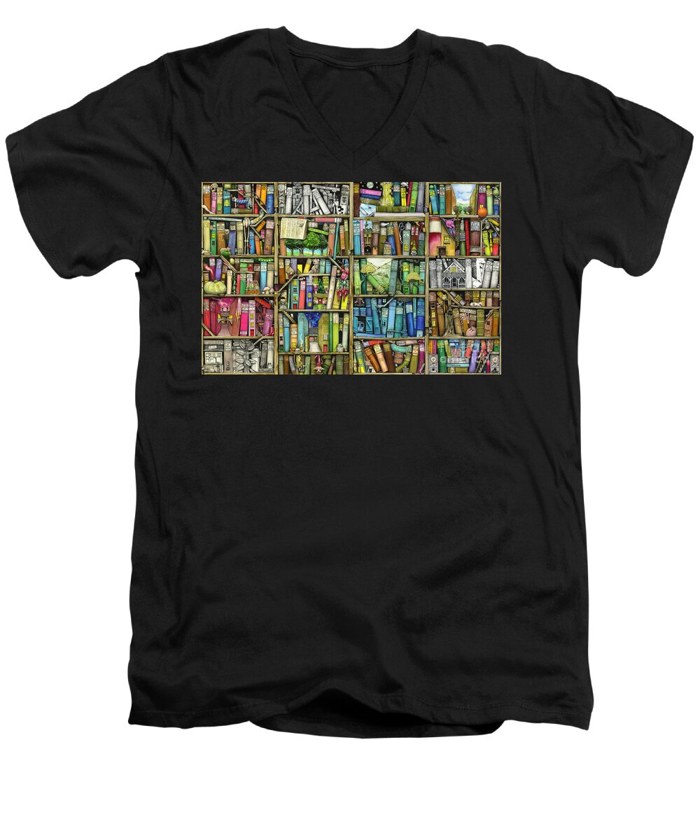 Colin Thompson Men's V-Neck T-Shirt featuring the digital art Bookshelf by MGL Meiklejohn Graphics Licensing