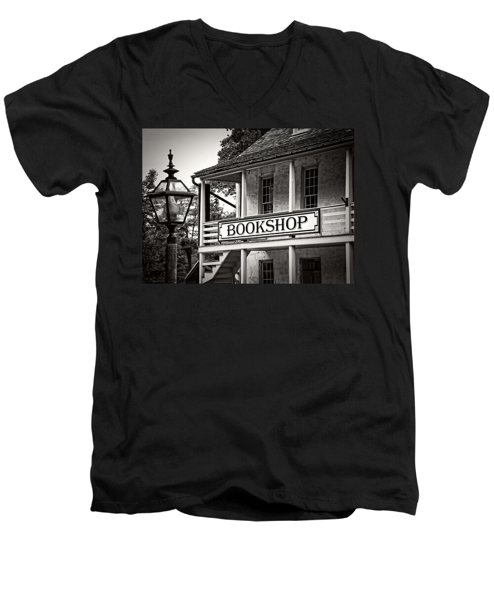 Harpers Ferry Men's V-Neck T-Shirt featuring the photograph Bookshop at Harpers Ferry by Phil Cardamone