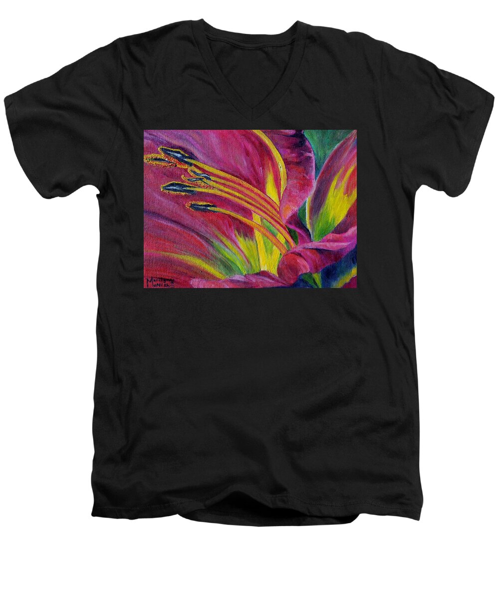 Hibiscus Men's V-Neck T-Shirt featuring the painting Brilliance within by Marilyn McNish
