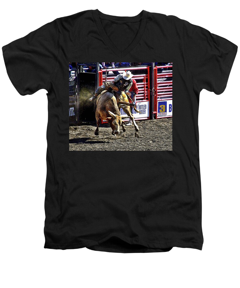 Bull Men's V-Neck T-Shirt featuring the photograph Buckin Bull by Ron Roberts