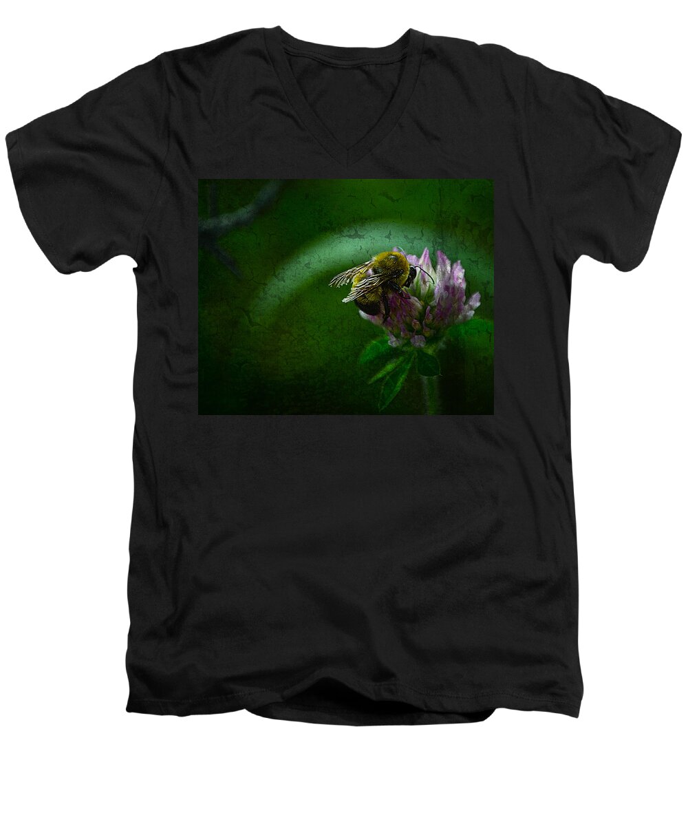 Bumble Bee Men's V-Neck T-Shirt featuring the photograph Bumble Bee Tattered Wings Art 2 by Lesa Fine