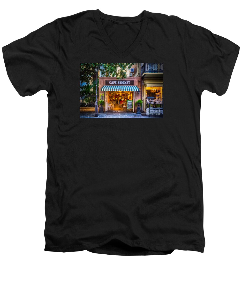 Nola Men's V-Neck T-Shirt featuring the photograph Cafe Beignet Morning NOLA by Kathleen K Parker
