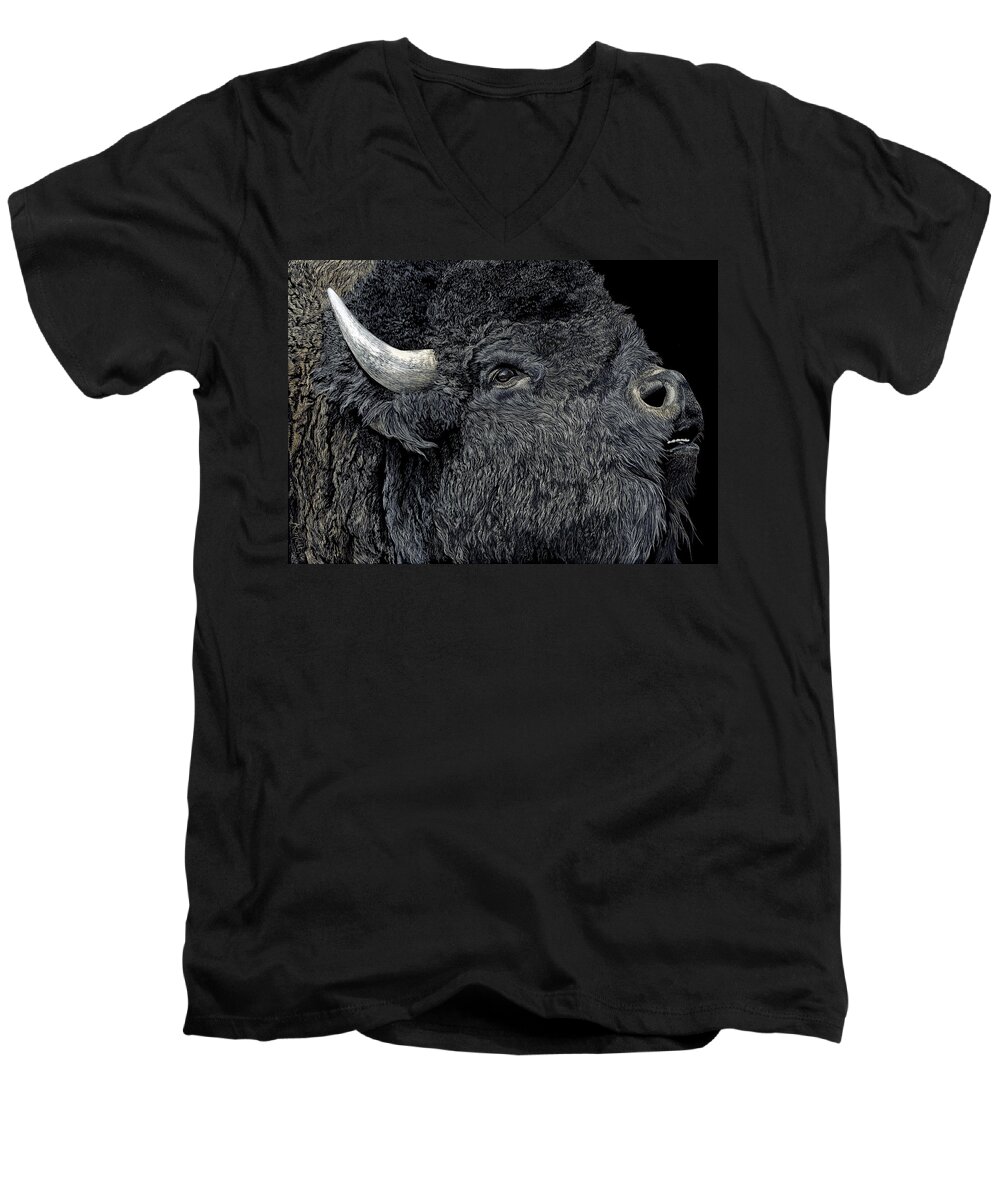Bison Men's V-Neck T-Shirt featuring the drawing Call of the Prairie by Ann Ranlett