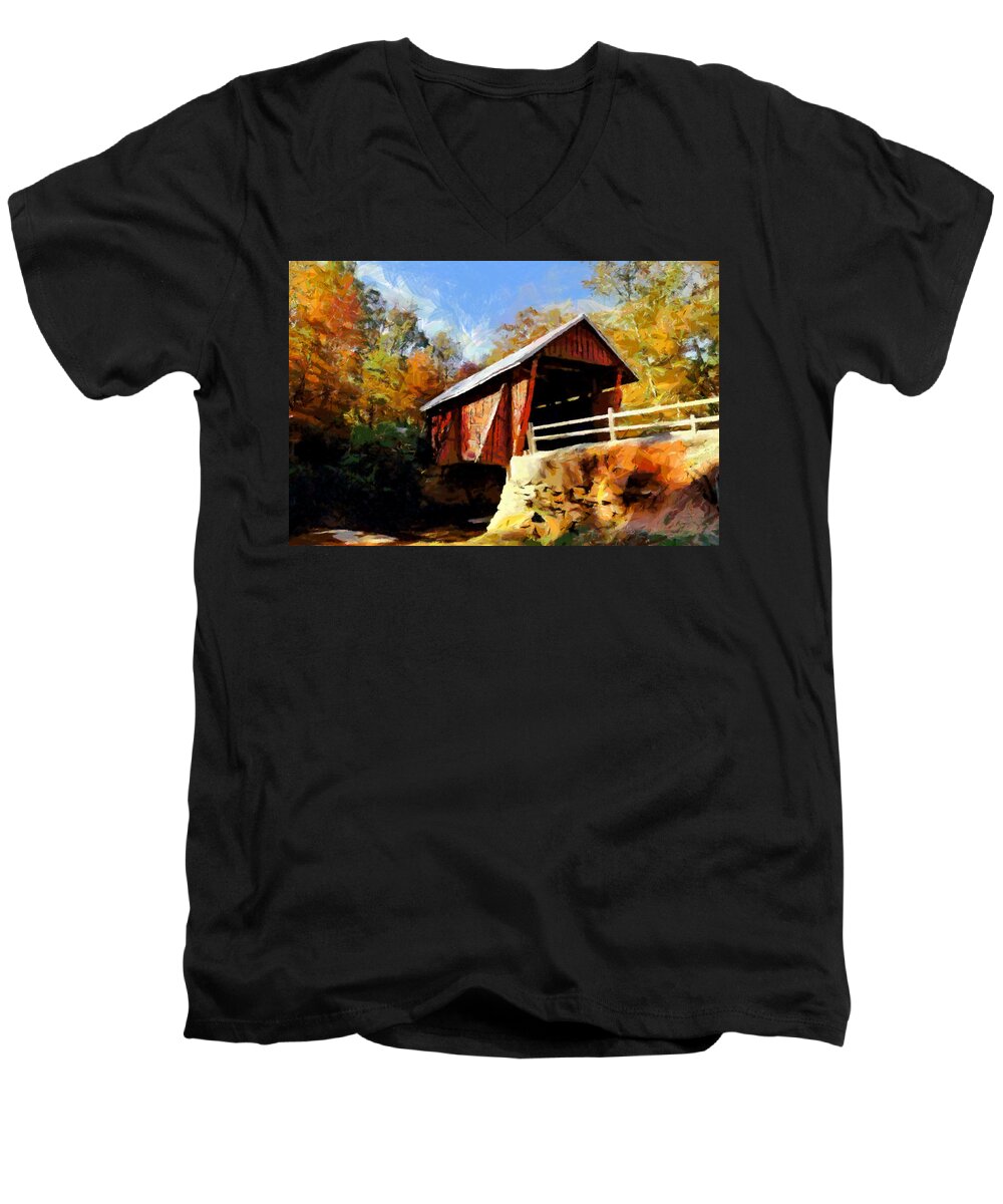 Covered Bridge Men's V-Neck T-Shirt featuring the painting Campbell's Covered Bridge by Lynne Jenkins